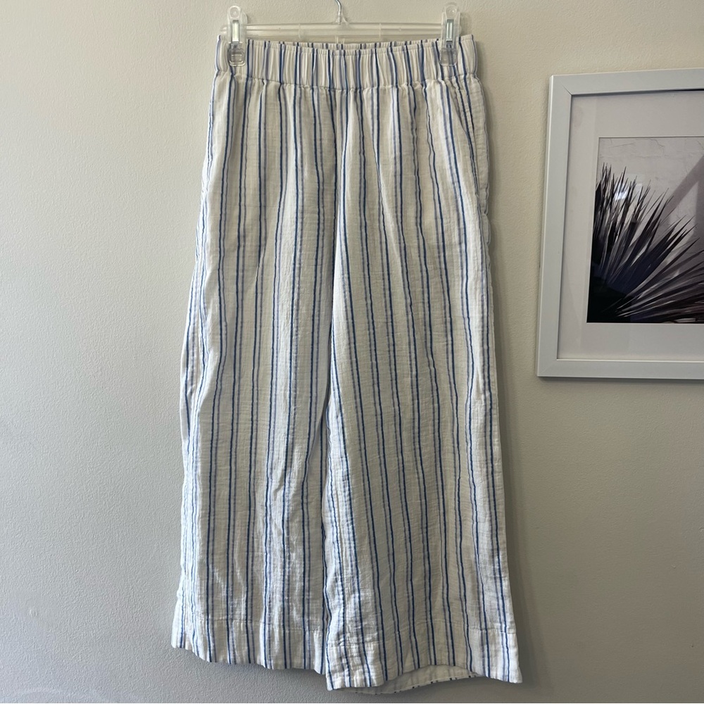 Pact Women's Wide Leg Linen-Blend Pants in White with Blue Stripes